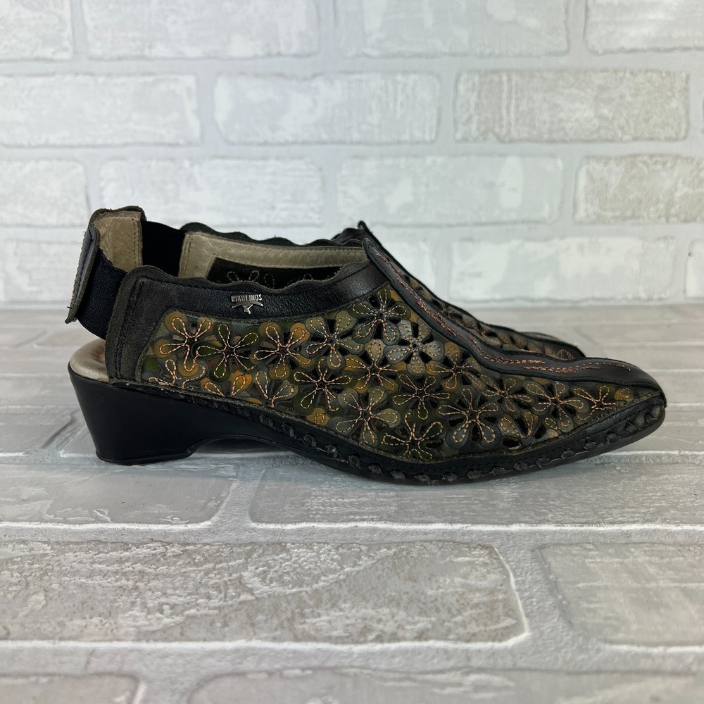 Pikolinos Romana Slingback Sandals Womens 8.5 9 39 Green Floral Leather‎ Wedge